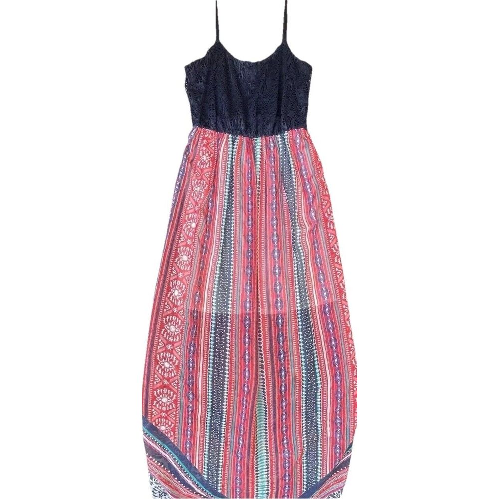 Auw Dress Women's Size Small Blue Lace Maxi Boho Aztec Sheer Coastal Cowgirl